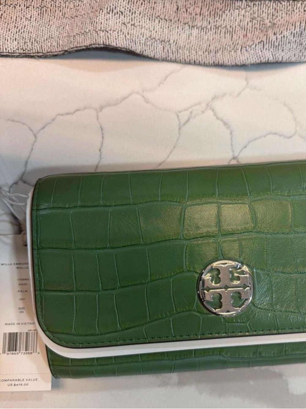 Tory Burch Green Croc-Embossed Clutch with Silver Logo